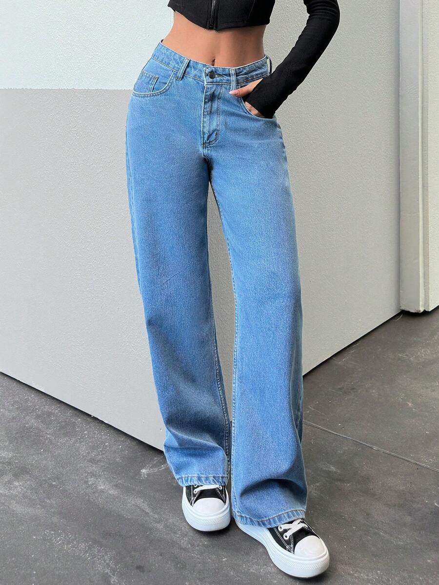 EURMUSE Jeans droits à la taille haute, style décontracté, avec poches simples - Jean clair - Voir 1