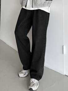 DAZY بنطلون جينز رجالي بجيوب مائلة ذو ساق واسعة باللون الأسود، ملابس كاجوال للخريف، عودة إلى ملابس المدرسة