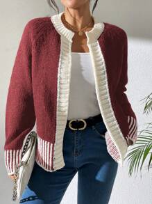 Calvaya 1pc French Style Versatile Black & White Stripe Knitted Cardigan