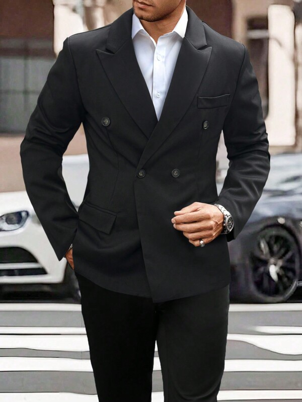 Manfinity Mode Conjunto de 2 piezas estilo caballero para hombre: Blazer de doble botonadura y pantalón a juego, apto para otoño, regalo para novio, regalo de Navidad, conjunto de traje negro