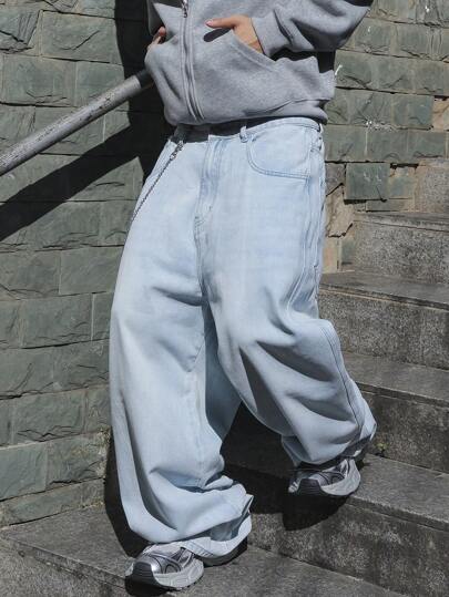 Manfinity EMRG Men's Light Blue Washed Loose Baggy Wide Leg Jeans, Plain Denim Long Oversize Cargo Jeans, For Husband, Boyfriend Gifts Hang Out Street Sport College