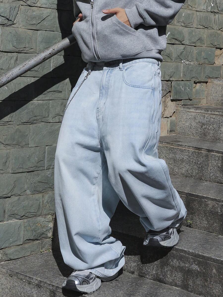 Manfinity EMRG Quần Jeans Ống Rộng Rộng Rộng Màu Xanh Nhạt Cho Nam, Quần Jeans Cargo Dài Quá Khổ Bằng Denim Trơn, Dành Cho Chồng, Quà Tặng Bạn Trai - Rửa nhẹ - Xem 1