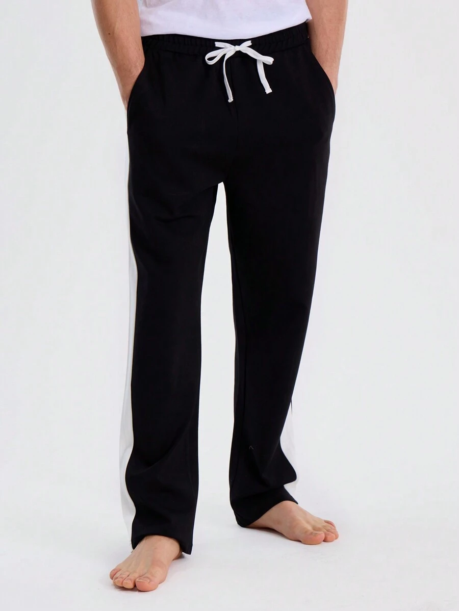 Musero Men Contrast Stripe Panel Tapered Fit Sweatpants Jersey Jogger Elasticated Drawstring Waistband Autumn Winter Wardrobe - Black - View 1