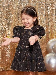 SHEIN Vestido de manga corta con volantes en el bajo con estampado de estrellas negras y doradas para bebé niña, para primavera/verano, apto para Navidad