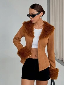 StreetHx Vintage Contrast Color Furry Collar Suede Jacket, Autumn - Rust Brown - View 5