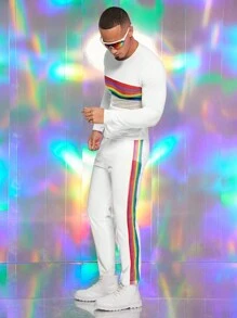 FeverCity 男士休闲彩虹条纹印花撞色网眼长袖 T 恤和长裤白色两件套，春秋