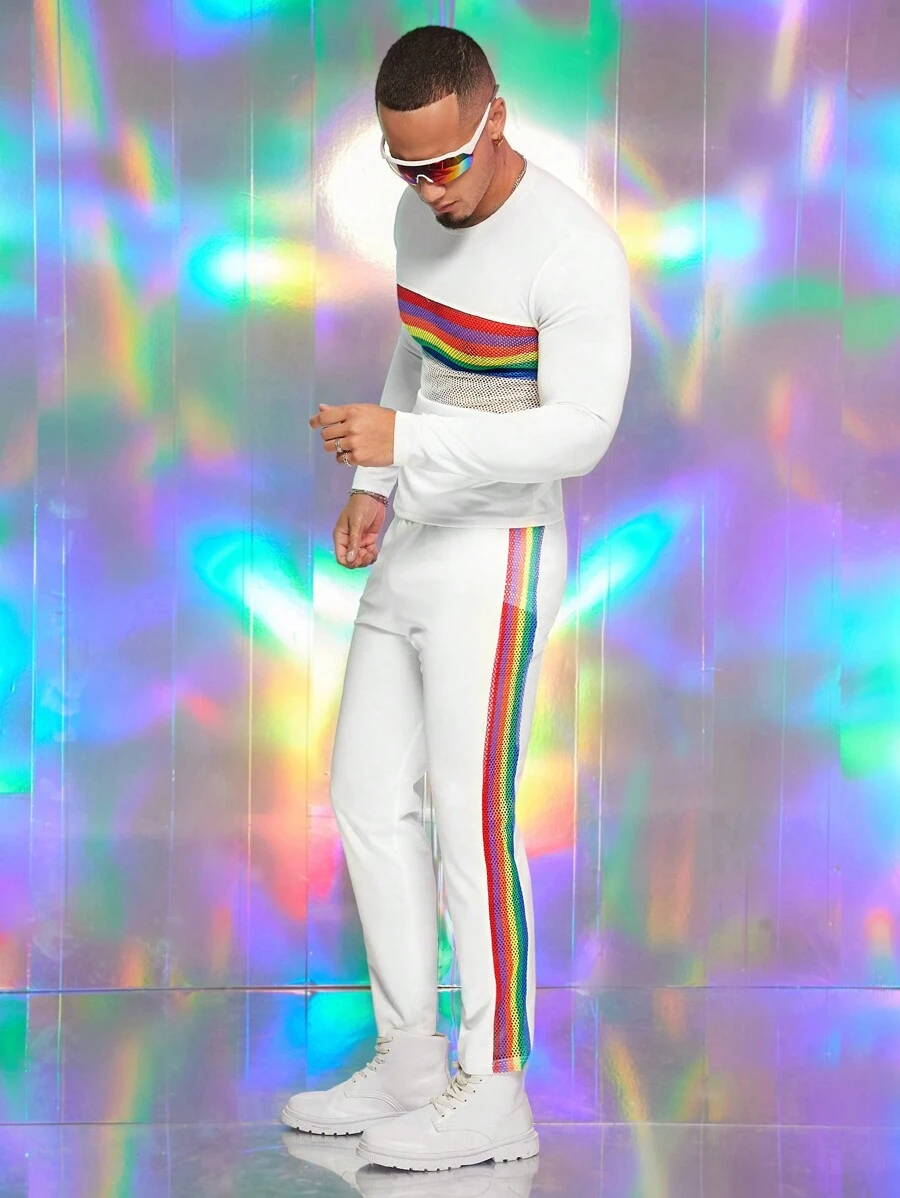 FeverCity 男士休闲彩虹条纹印花撞色网眼长袖 T 恤和长裤白色两件套，春秋