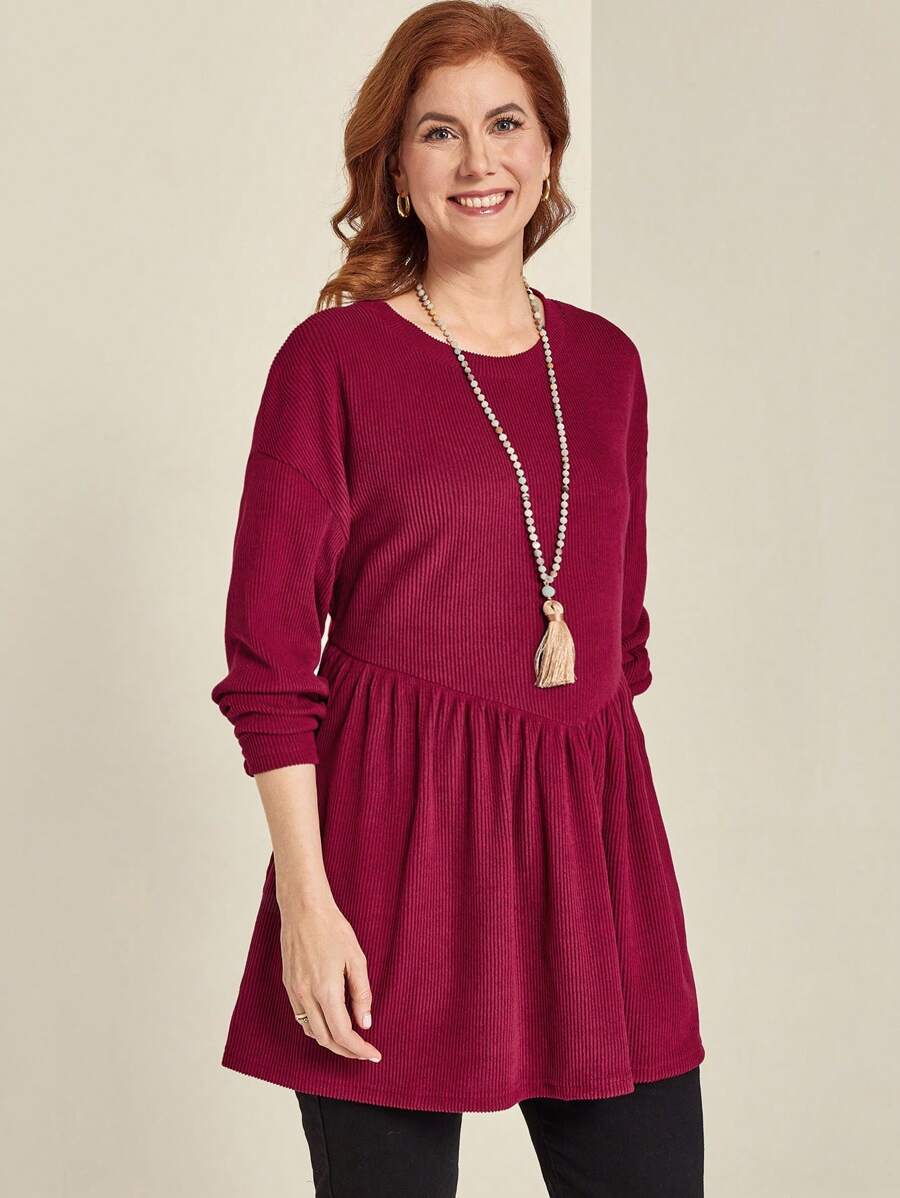 EMERY ROSE Plus Size Casual Solid Color Ruched Long Sleeve T-Shirt, Autumn - Burgundy - View 1