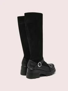 CUCCOO DOLLMOD Women Round Toe Platform Block Heel Black Suede Pu Patchwork Slip-On Knee High Boots