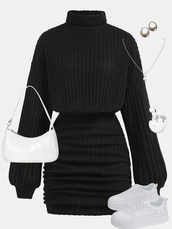 SHEIN Girlism Vestido midi entallado de punto acanalado con cuello alto y cintura suelta para adolescentes, de manga larga, forro, en estilo casual, elegante y versátil