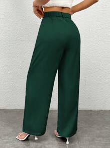 SHEIN PETITE Pantalones casuales de unicolor con bolsillo y botones delanteros para mujeres - Verde Oscuro - Ver 2
