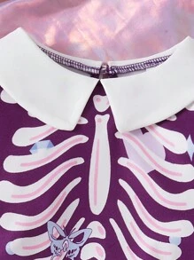 SHEIN 女婴万圣节休闲骷髅印花长袖中长连衣裙 - 紫色 - 查看 3