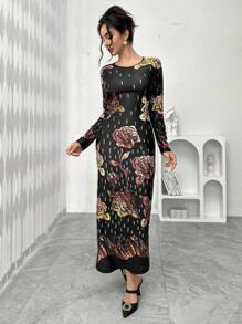 Modelyn Women's Vintage Floral Print Milk Silk Round Neck Long Sleeve Dress Long Evening Dresses Fall Cloth For Women - Multicolor - View 7