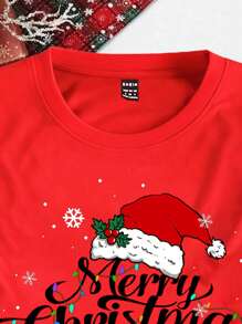 SHEIN EZwear Áo thun tay ngắn cổ tròn họa tiết chữ Giáng sinh cỡ lớn, áo thun chui đầu dáng rộng thoải mái cho cỡ lớn, mùa thu/đông - Đỏ - Xem 2