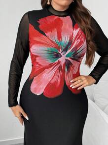 SHEIN Unity 大码花卉印花立领长袖紧身连衣裙 - 黑色 - 查看 5