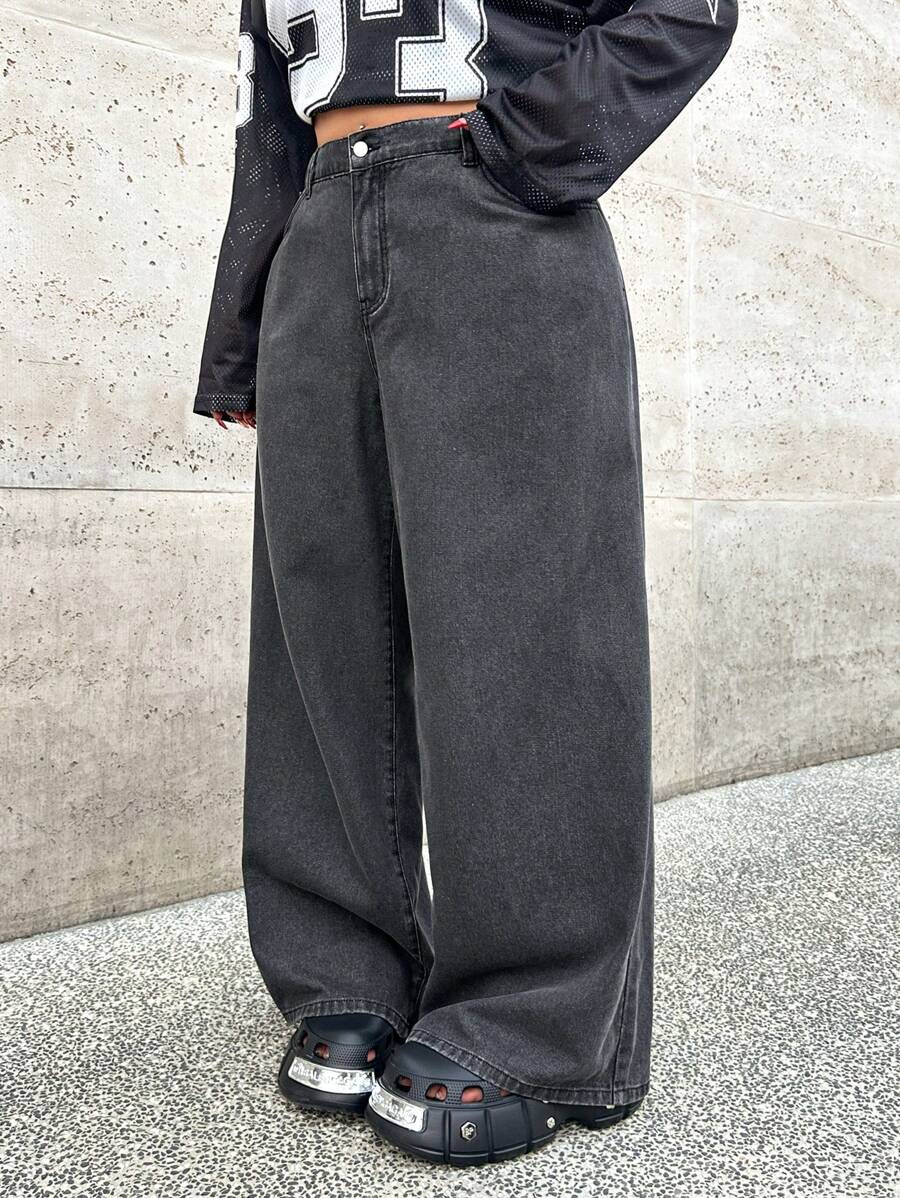 SHEIN ICON 大码时尚百搭宽松阔腿男友牛仔裤 - 黑色 - 查看 1