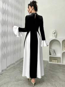 Modelyn Women's Elegant Two-Tone Flared Sleeve Flared Hem Dress - Black and White - View 3