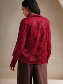 Anewsta 女士精致圣诞主题优雅透明纹理提花领衬衫新年衣服女式衬衫 - 紅色 - 查看 2