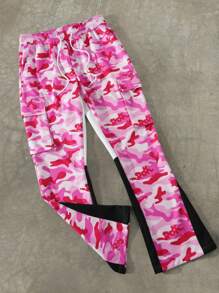 Manfinity EMRG Pantalón de chándal de pierna recta holgada con cintura con cordón y bolsillo plegable con estampado de camuflaje, estilo de moda urbana para hombres