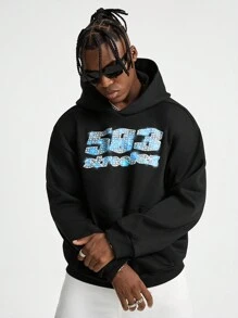 Manfinity VCAY 男士宽松英文文字印花圆领长袖针织套头衫，外出复古黑色字母饶舌歌手连帽衫，适合朋友、丈夫、男朋友的礼物，适合秋冬 - 黑色 - 查看 4