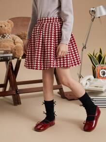 PrepCrw 年轻女孩格子针织 A 字中长裙，休闲学院风红色千鸟格图案，秋冬 - 紅色 - 查看 4