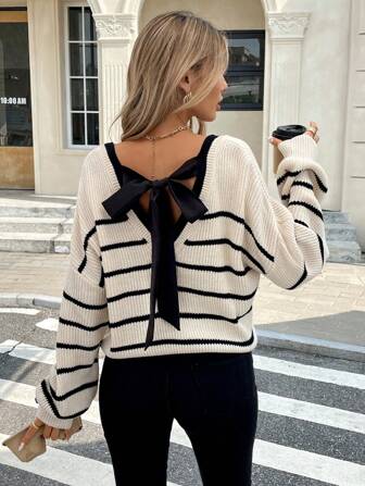 Serisse Tie Back Drop Shoulder Back Band Sweater Women Casual Striped Knot Back Drop Shoulder Long Sleeve Sweater Fall Sweaters Warm Clothes Winter Sweater Women Sweaters,Long Sleeve Tops,Knitted Sweater