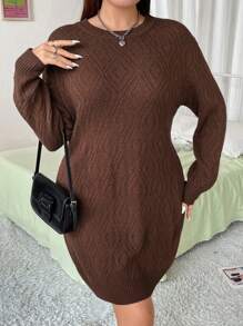 Flirla Váy len dệt kim họa tiết Argyle thời trang thường ngày cỡ lớn thu/đông - Cà phê nâu - Xem 4