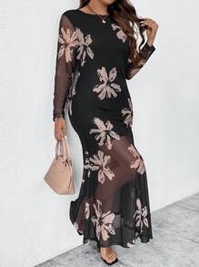 SHEIN Unity 大码女式画笔描边花卉印花透视束腰连衣裙长款女装 - 彩色 - 查看 1