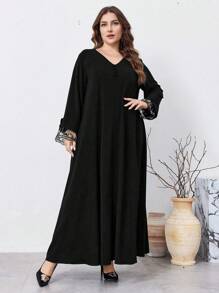 Al Najma Elegancka sukienka z koronką patchworkową w dużych rozmiarach, wiosna i jesień, skromne długie rękawy, swobodne sukienki maxi w stylu arabskim, na wieczorne przyjęcie/wesele/rocznicę/codziennie, kaftan - Czarne - Zobacz 3