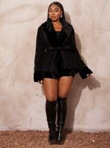 SHEIN SXY Plus Size Casual Solid Color Fuzzy Jacket, Autumn Winter Fall - Black - View 7