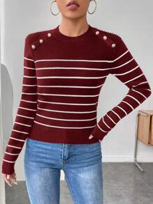 SHEIN Clasi Áo len tay raglan kẻ sọc Colorblock cỡ lớn, thường ngày cho mùa thu/đông - Màu Đỏ Sâu - Xem 3