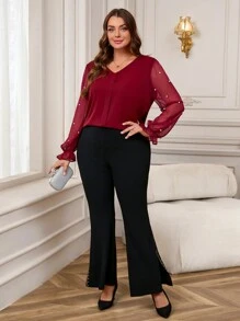 EMERY ROSE Blusa elegante de Navidad para mujer de talla grande con cuello en V, detalles de malla y decoración de perlas falsas, ropa de invierno para mujer