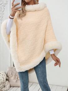 Chiquease Women's Solid Color Patchwork Fluffy Poncho Elegant Sweater, Autumn/Winter Knit Pullover Fall - Apricot - View 3