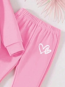 SHEIN Leap Crew 年轻女孩休闲简约卡通图案宽松厚连帽衫和喇叭裤套装，适合秋冬季 - 粉色 - 查看 4