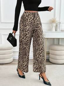 SHEIN LUNE 2024 Autumn New Casual Leopard Print Wide Leg Pocket Pants, Matching Blogger Style Fall Cloth For Women - Multicolor - View 4