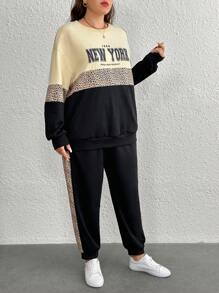 SHEIN LUNE 2 sztuki/zestaw Okrągły dekolt Długi rękaw Gładki Patchwork Nadruk liter Minimalistyczny zestaw topów i spodni