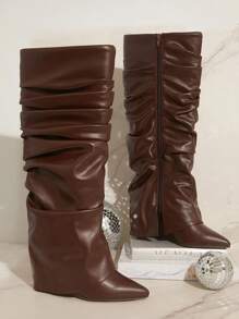 SHUZIA Tall Slouch Wedge Boots Holiday Vacay Vibe For Summer Shoes Spring Shoes Spring Break Easter For Christmas - Brown - View 2