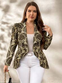 SHEIN Clasi بلايزر أنيق غير متماثل الذيل مطبوع لحجم كبير - كاكي - مشاهدة 5