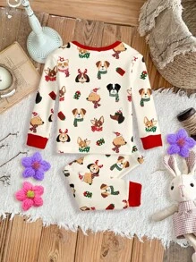 SHEIN Leap Crew 圣诞快乐，可爱小狗图案休闲舒适长袖上衣和长裤，贴身女婴家居服，适合秋冬季 - 彩色 - 查看 2