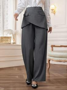 Modelyn Women's Solid Color Covered Button High Waist Straight Loose Elegant Pants Fall Cloth For Women - Dark Grey - View 7