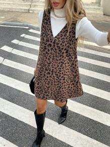SHEIN Frenchy 女士豹纹 V 领无袖吊带迷你连衣裙 - 咖啡 - 查看 5