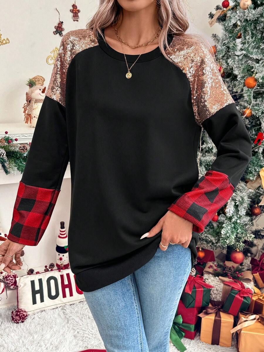 SHEIN LUNE Women Casual Drop Shoulder Patchwork Sweatshirt, Holiday Wear Pullover Fall - Multicolor - View 1