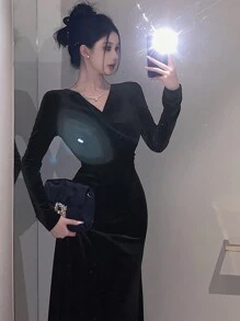 DAZY 1件女士纯色丝绒V领中长鱼尾连衣裙，秋季长袖连衣裙，舞会礼服，优雅女士连衣裙，新年晚礼服 - 黑色 - 查看 9