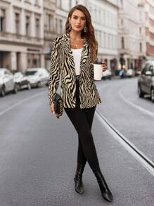 SHEIN Clasi Women Elegant Zebra Print Pattern Long Sleeve Blazer