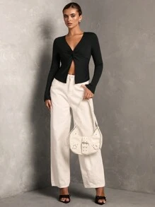 SHEIN BAE 女士纯棕色 V 领长袖扭纹前部休闲/办公室通勤 T 恤，简约设计，适合日常穿着，秋冬季 - 黑色 - 查看 3