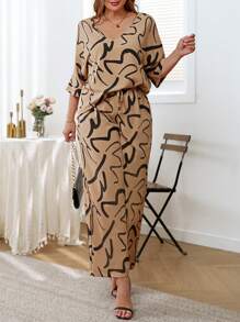 INAWLY 2pcs Plus Size Women Summer Striped Print V-Neck Batwing Blouse And High Waist Drawstring Pants Casual Set