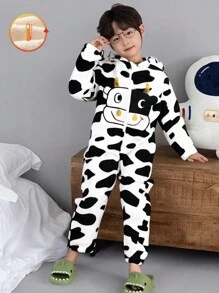 SHEIN 年轻男孩舒适奶牛印花长袖连帽连体衣，适合4-7岁男孩秋春冬季 - 彩色 - 查看 8