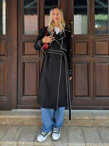 SHEIN EZwear Women's Casual Loose Lapel Neck Long Sleeve Long Trench Coat, Autumn - Black - View 1