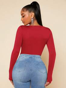 SHEIN SXY Square Neck Slim Fit With Sleeves Black Bodysuit - Red - View 2