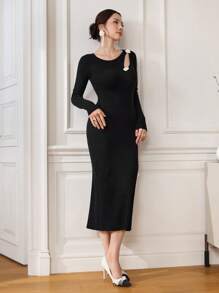 Modelyn Vestido tipo suéter con textura de patrón de flor calado para mujeres - Negro - Ver 8